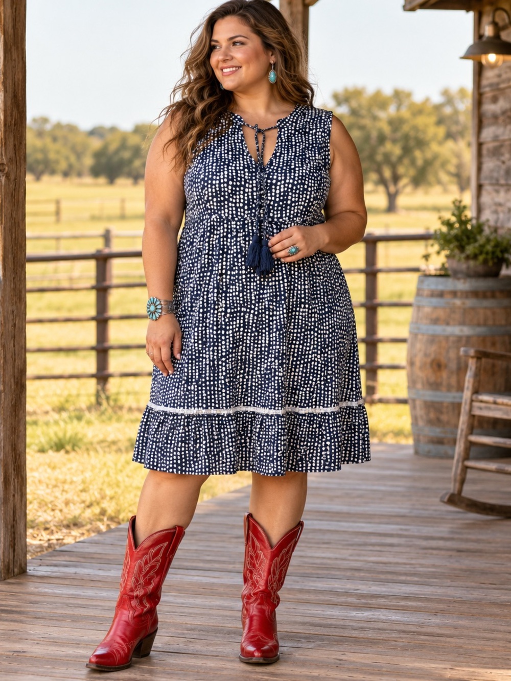 Tribal Femme Navy White Print Tie Neck Dress XL